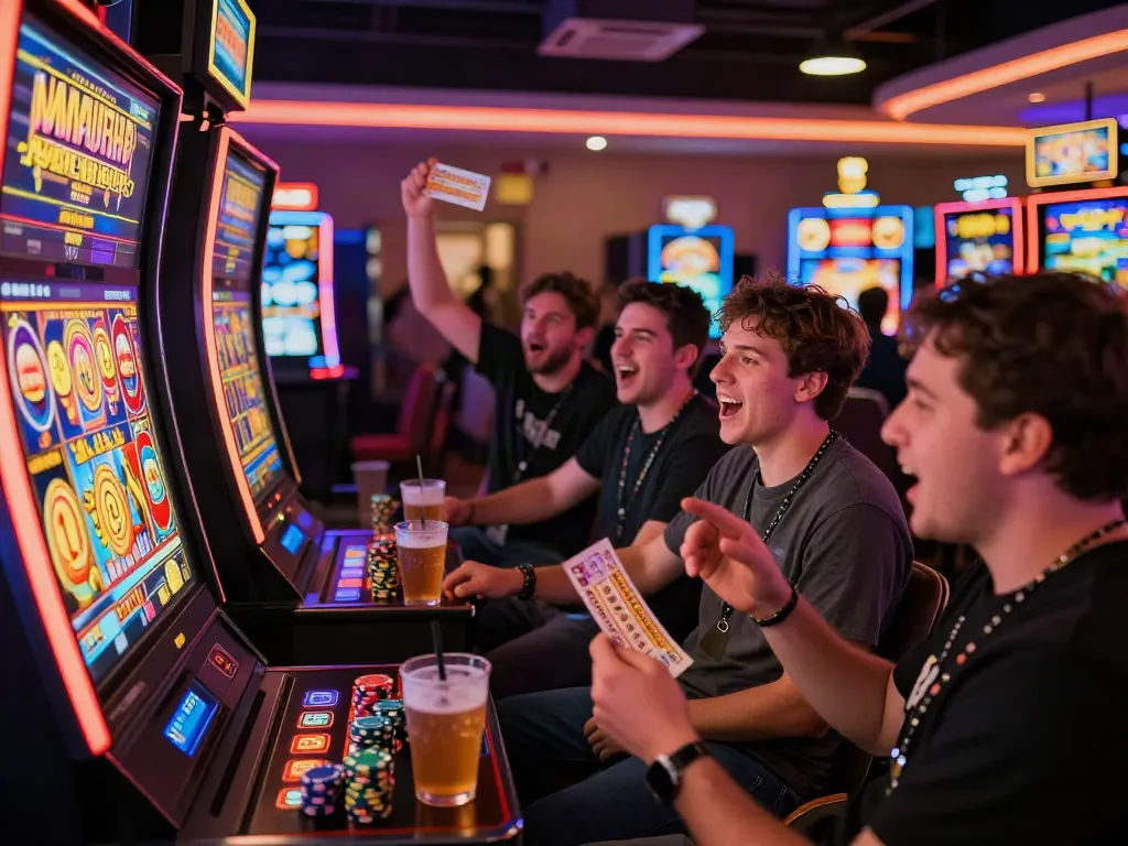 Exciting slot gaming moment with players celebrating a win at vibrant machine in bustling casino.