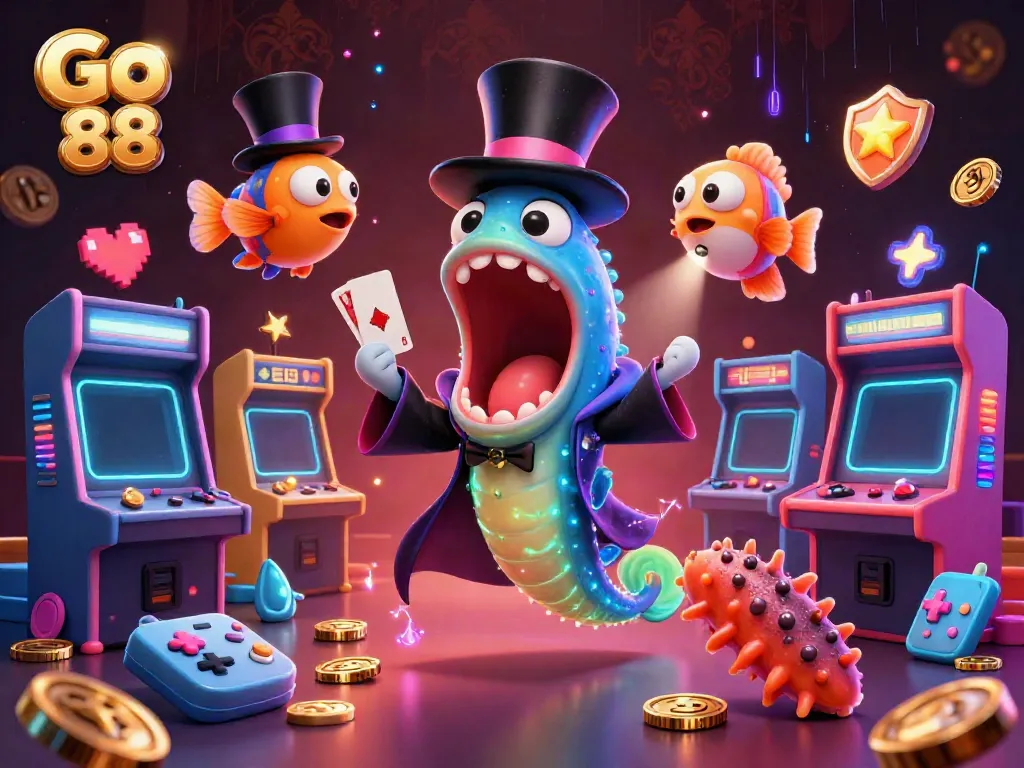 Engage with Go 88 through a playful 3D illustration of casino characters performing magic tricks.