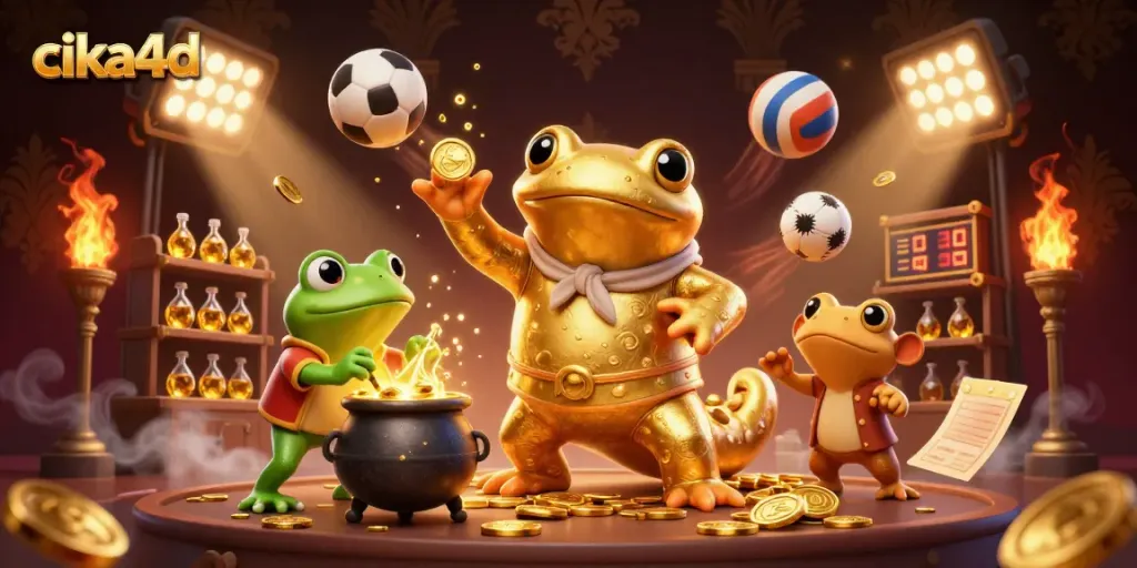 Cika4d unleashing excitement in a vibrant casino scene with golden elements and dynamic sports betting action