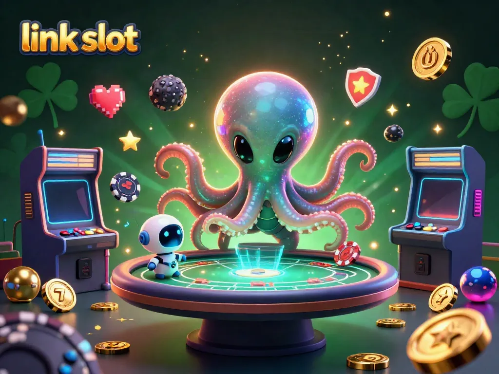 Experience the thrill of the link slot with an alien octopus at a holographic poker table.