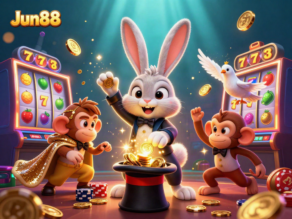 Experience Jun88's magical slots with a cartoon magician, golden coins, and playful characters!