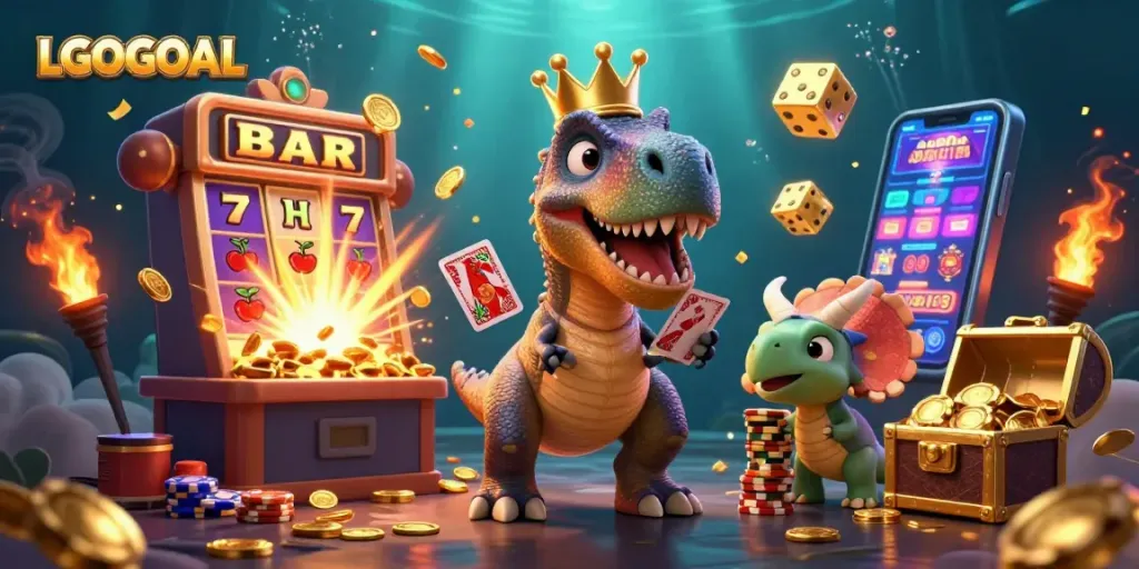 Experience immersive gaming with LGOGOAL's vibrant 3D casino scene featuring lively characters and thrilling slots.