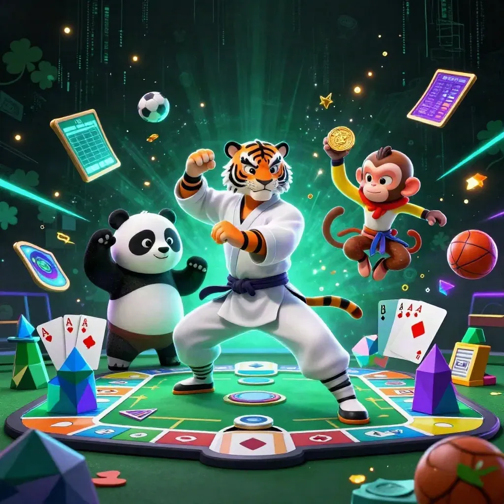 Tiger master, panda, and monkey in a neon casino scene with poker props and sports balls