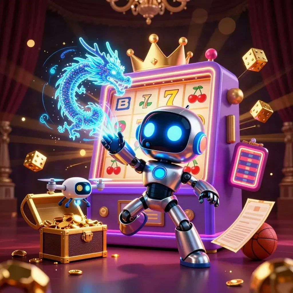 Cyberpunk robot, holographic dragon, and coin drone explode from a neon slot-machine jackpot.