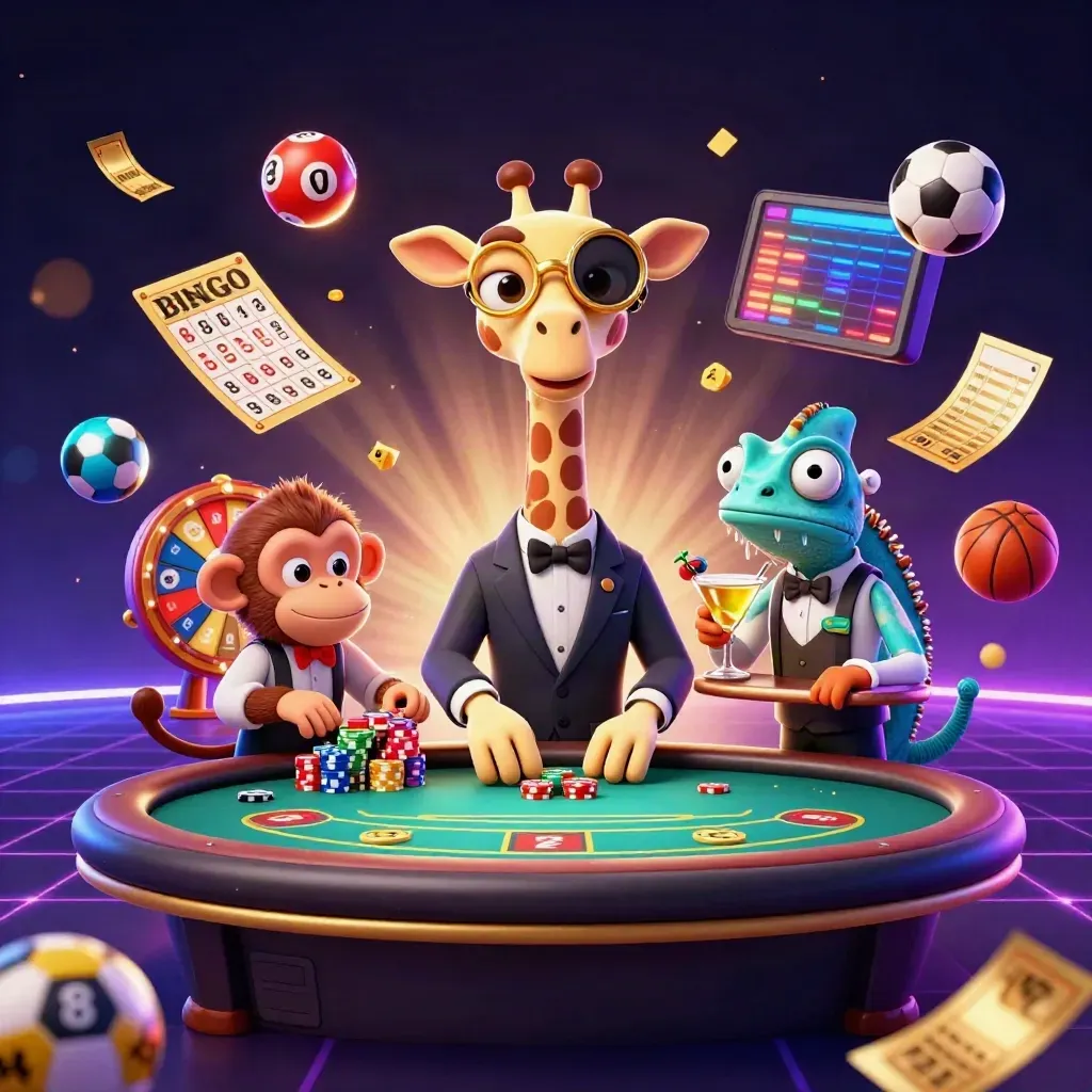 Low-angle casino key art: giraffe, monkey and chameleon amid flying chips, balls and neon light