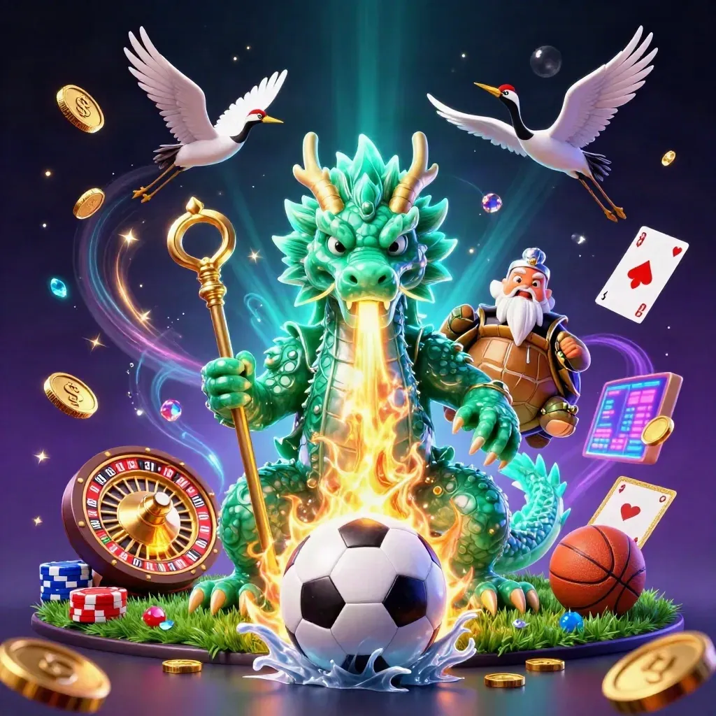 Dragon, turtle sage, cranes, coins, roulette, chips, and a flying soccer ball in neon casino art