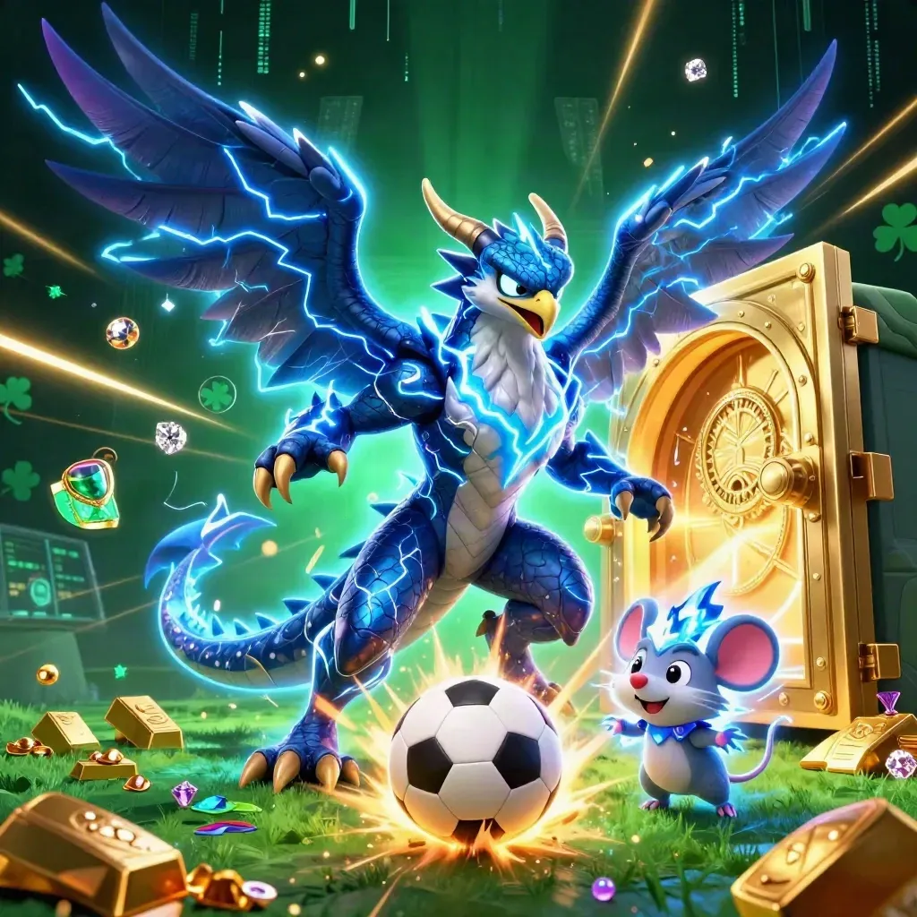 Lightning dragon, wind hawk, and static mouse burst through gold, gems, and sports balls.