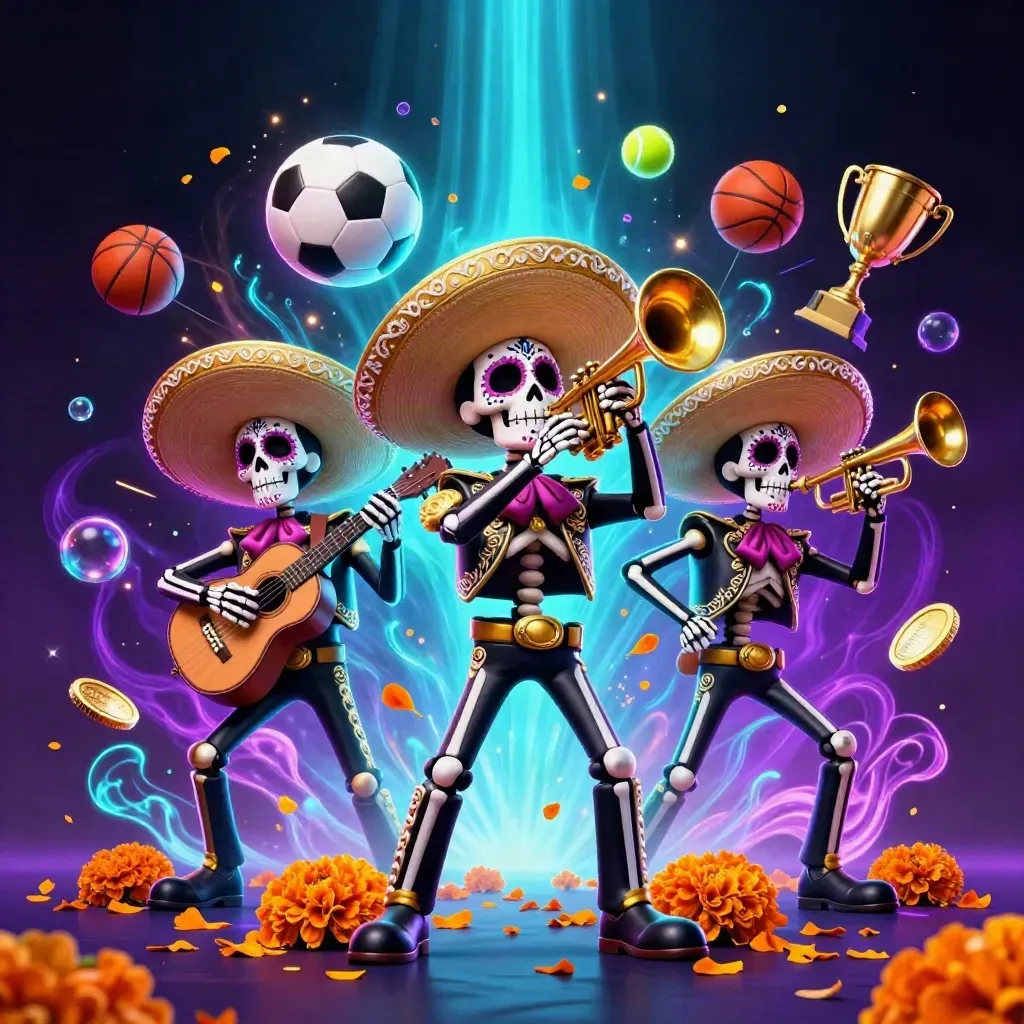Day-of-the-Dead skeleton mariachi trio amid flying sports balls, coins, trophy, neon glow.