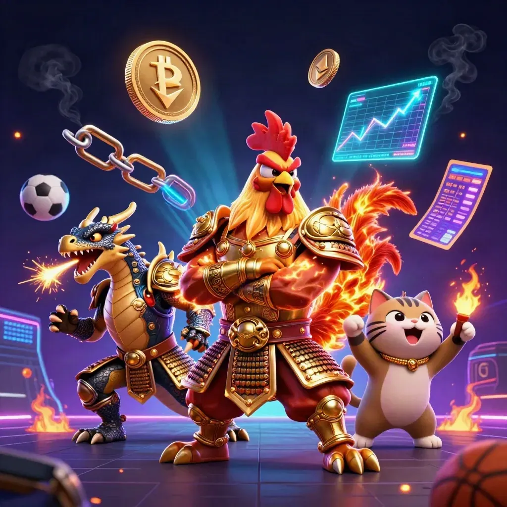 Rooster samurai, dragon hatchling and fortune-cat amid coins, sparks and neon casino effects.