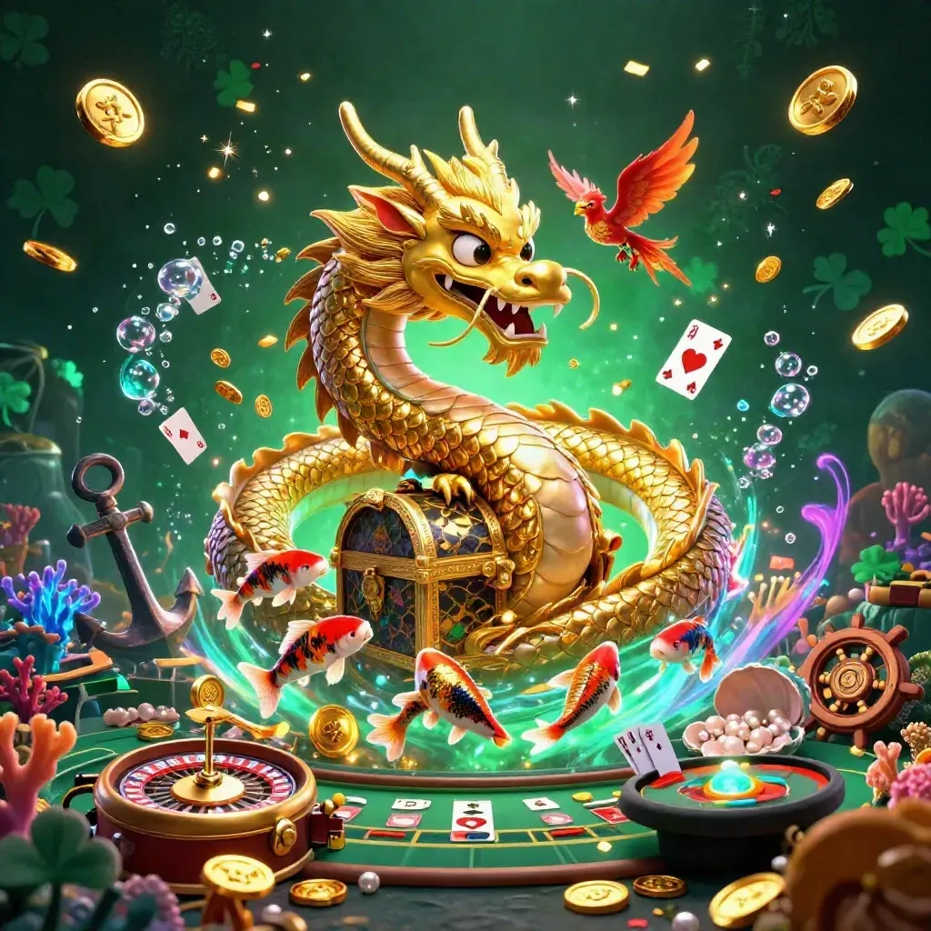 Golden dragon, phoenix and koi in a treasure-filled casino fantasy with coins, coral, and glowing lights