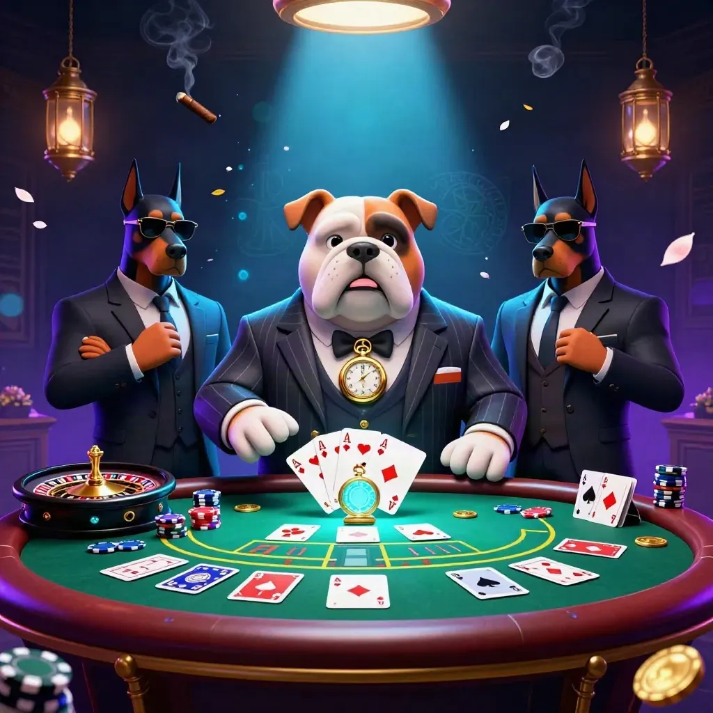 Cartoon mafia bulldog and Dobermans at a glowing casino table amid chips, cards, smoke, and neon light.