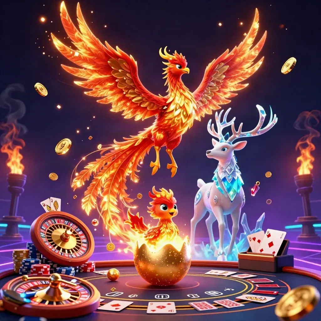 Phoenix trio in a neon casino scene with coins, roulette, cards, chips, and ember-lit luxury.
