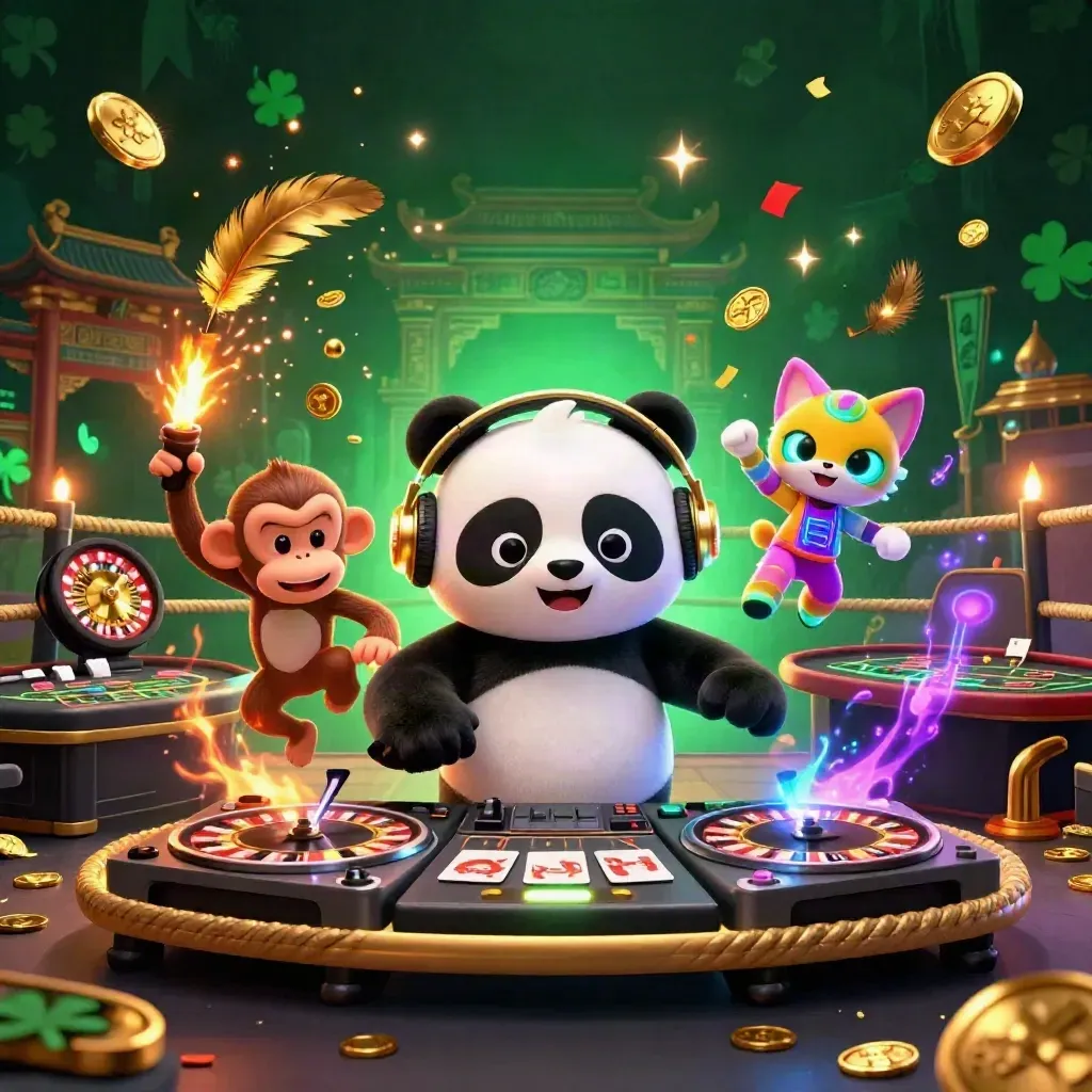 Panda DJ, dancing monkey, glow kitten in a luxe neon casino room with energy swirls.