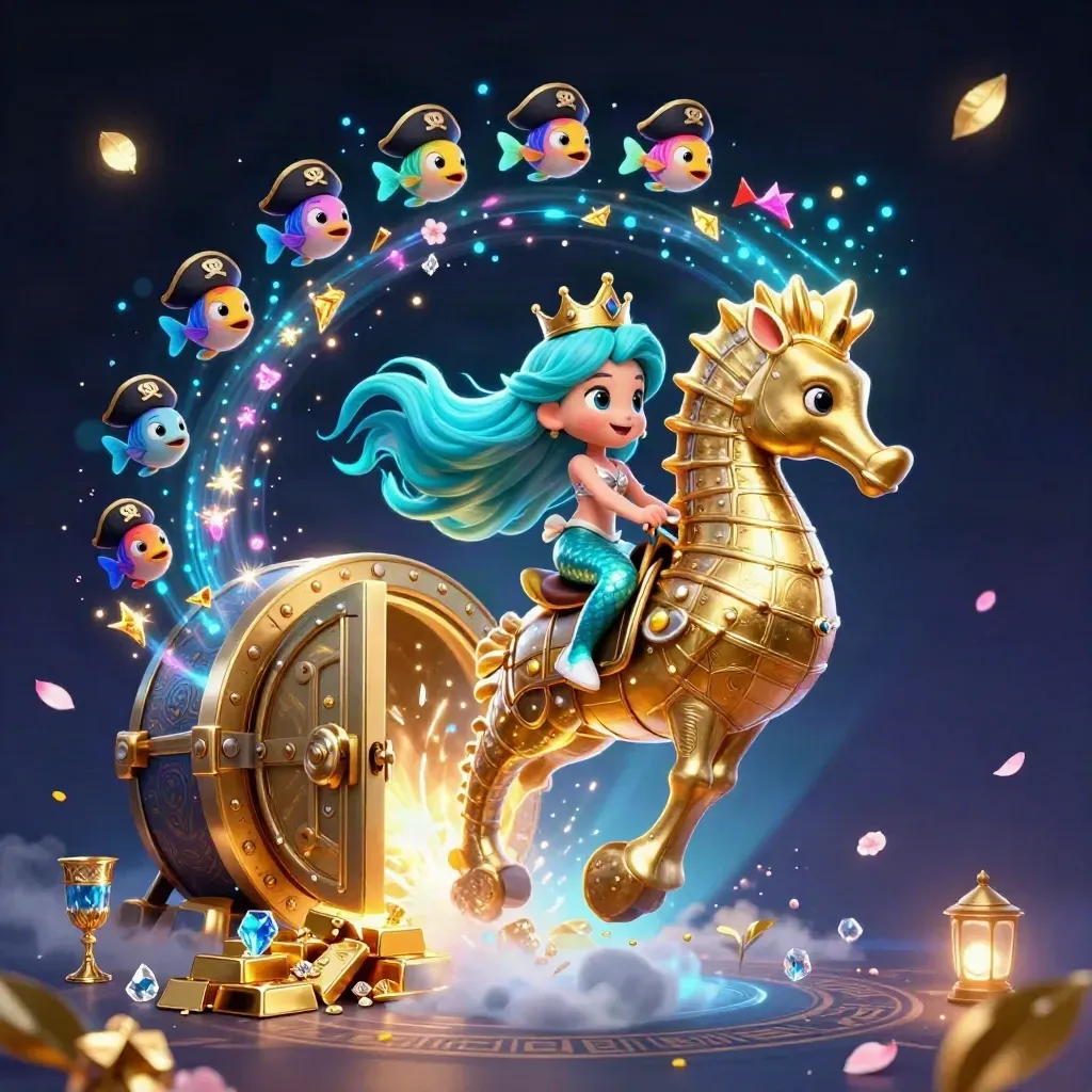 Mermaid princess rides a golden seahorse as treasure bursts from an open vault in neon cyan light