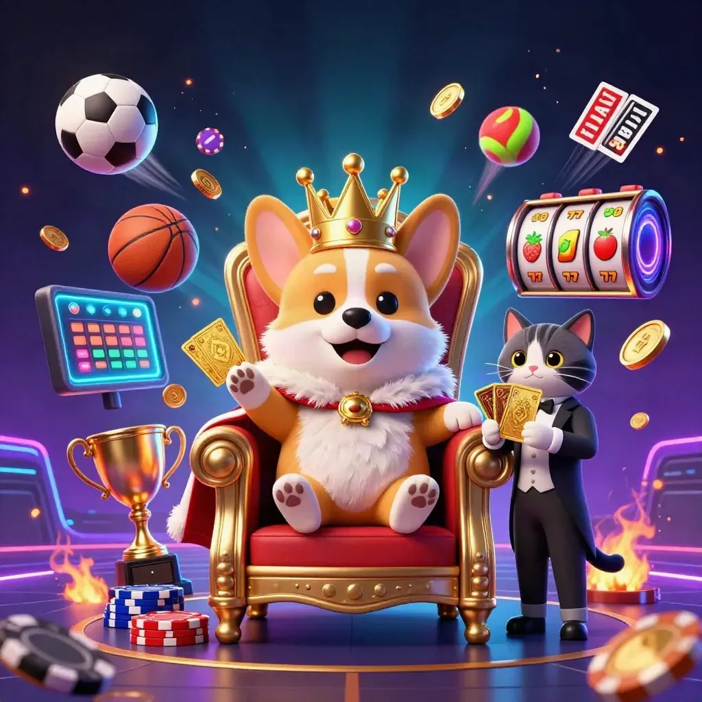 Royal corgi and cat butler on chip throne amid sports balls, trophies, coins, and neon casino effects.