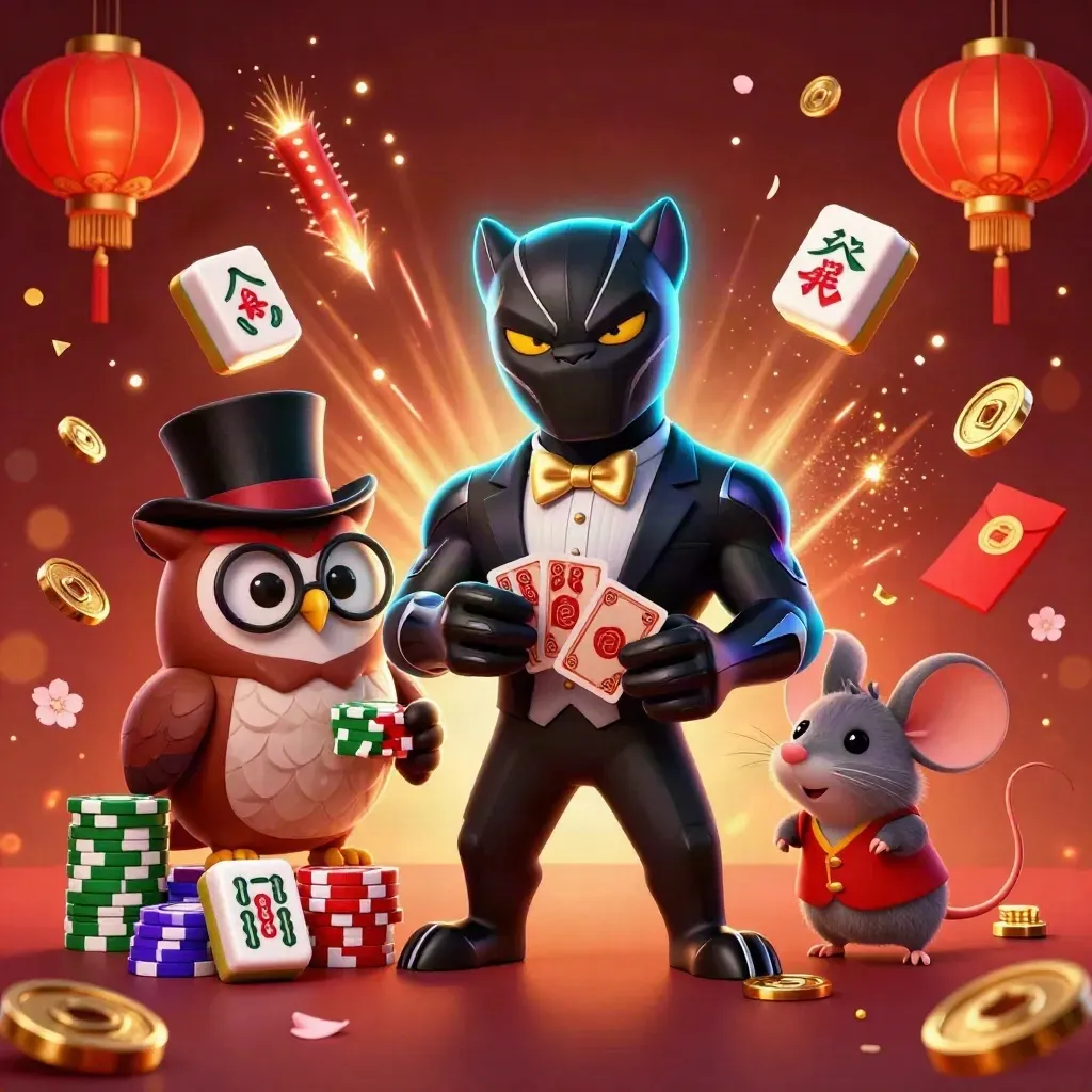 Black panther, owl, and mouse amid cards, coins, lanterns, and fireworks in neon casino art