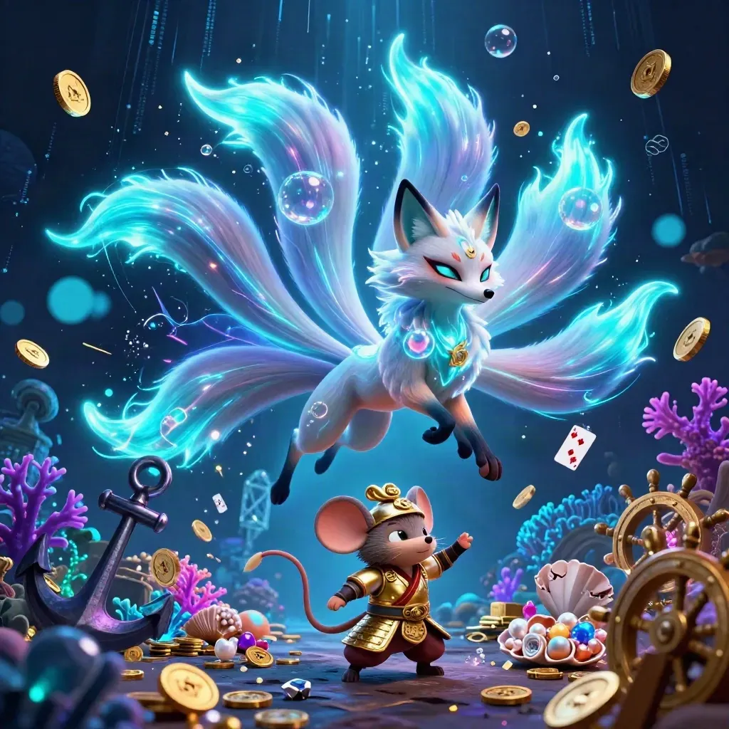Nine-tailed fox spirit and armored mouse amid treasure, coral, coins, and cyan energy in a dark cove.