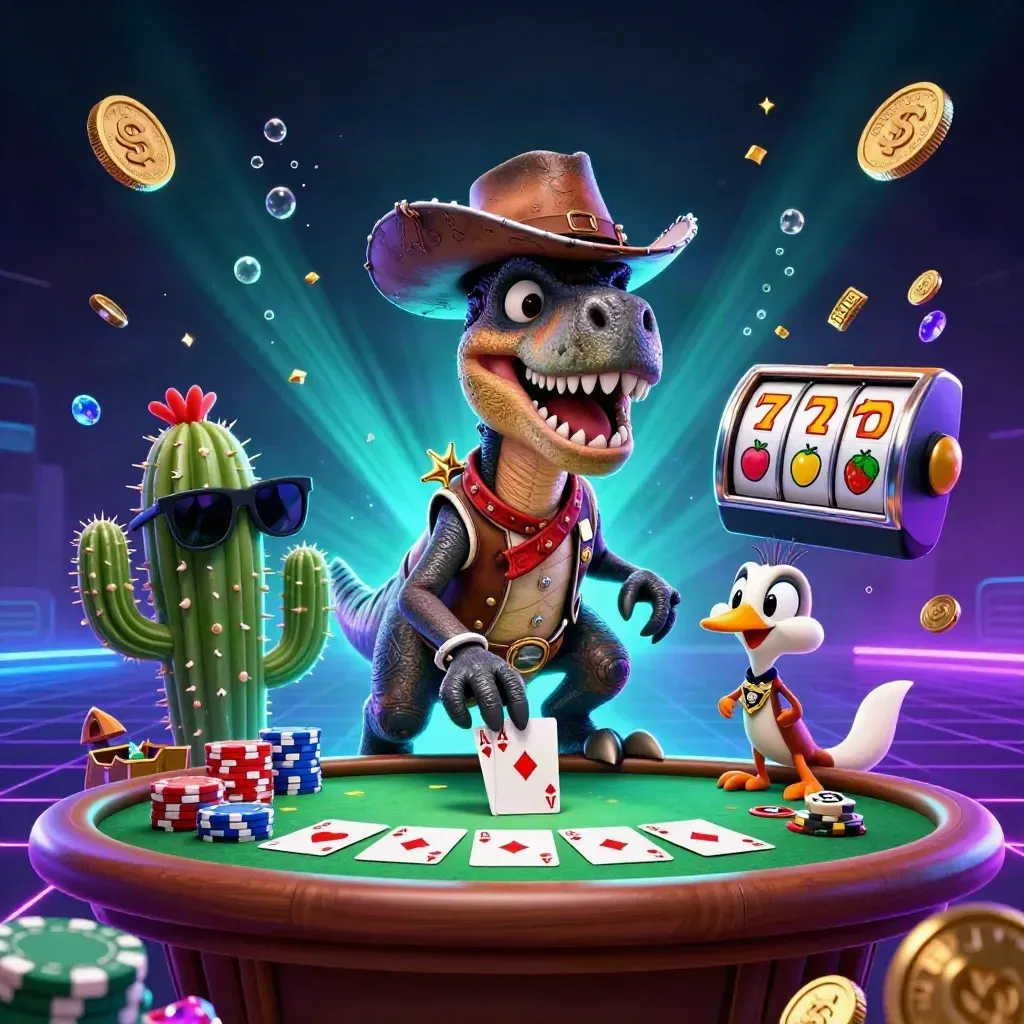 Cowboy T-Rex, cactus sidekick, and sheriff roadrunner blasting poker chips in neon casino chaos