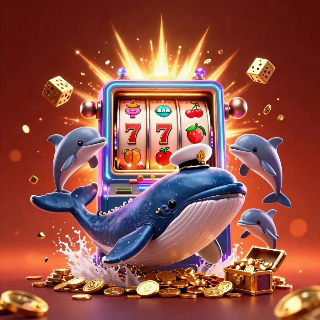 Whale captain, narwhal, and dolphins burst through coins with slot machine jackpots and gems.