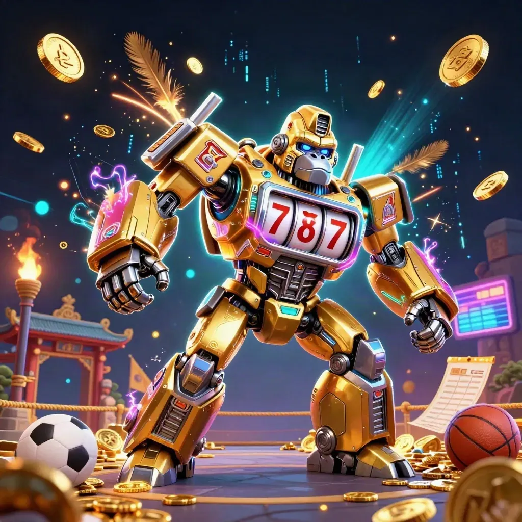 Golden gorilla slot mech bursts coins in a neon cyber arena with a tiny monkey pilot.