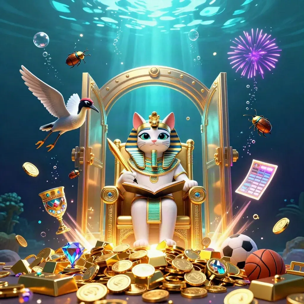 Pharaoh cat, ibis scribe and gem scarabs burst from a vault with coins, gems and fireworks underwater.