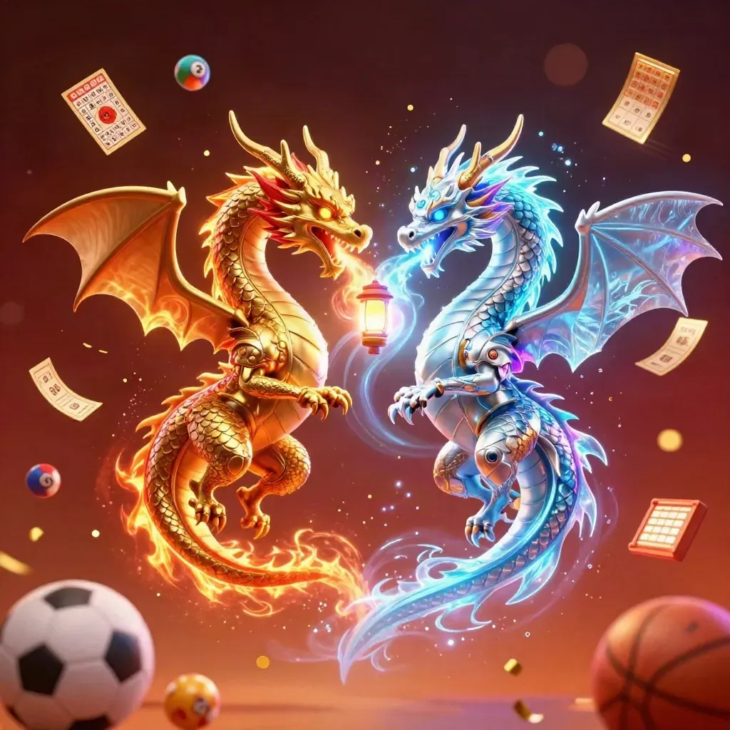 Twin dragons and casino treasure burst with coins, bingo card, prize wheel, and fireworks.