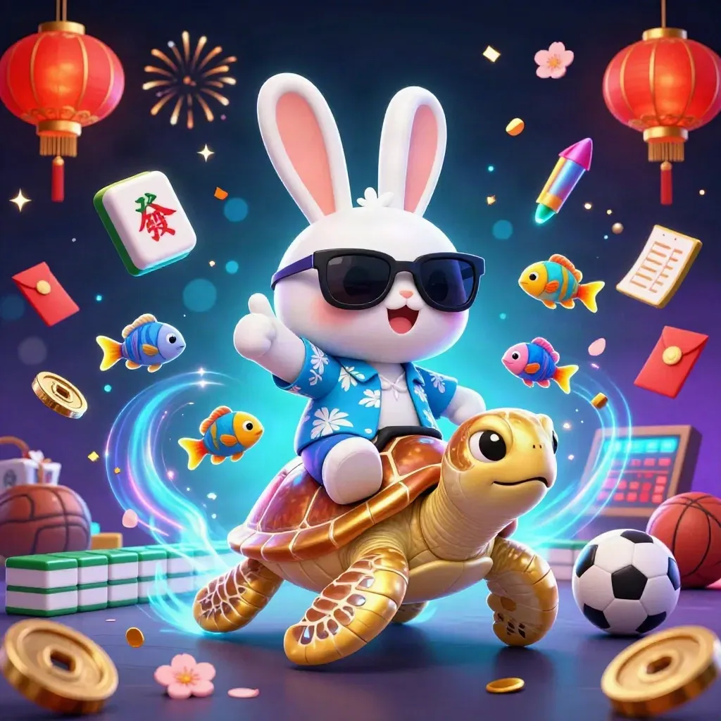 Lucky rabbit on a golden sea turtle amid coins, fireworks, and casino treasures.