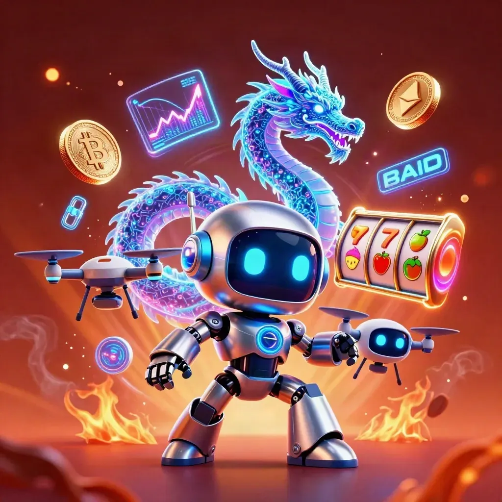 Chrome robot, hologram dragon, and coin drone amid casino icons, embers, and neon glow.