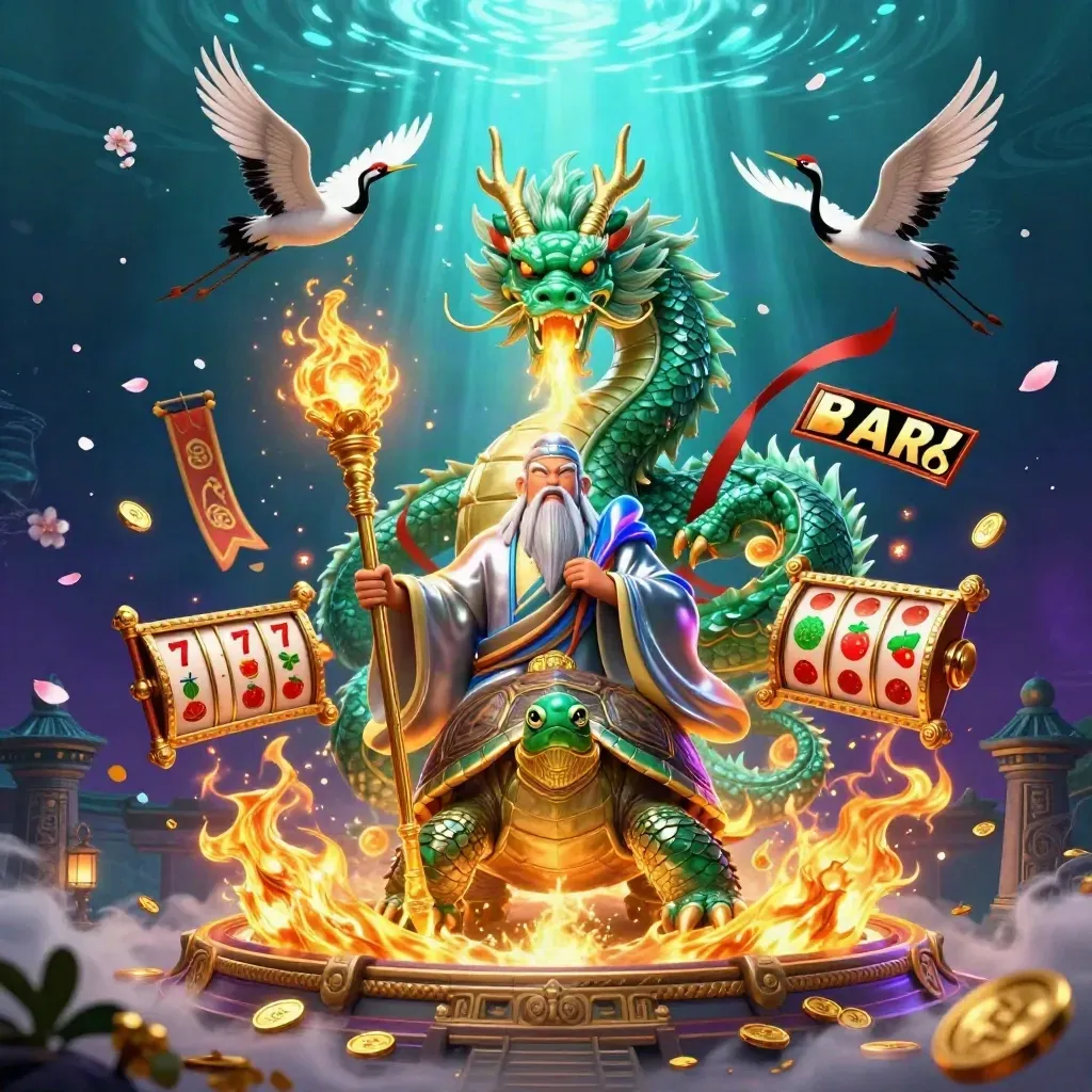 Jade dragon, turtle sage, and cranes amid casino relics in a dark cyber arena