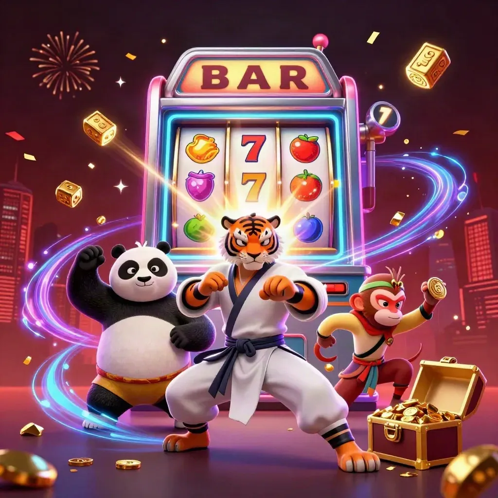 Tiger, panda, and monkey kung-fu heroes amid jackpot slot symbols and gold