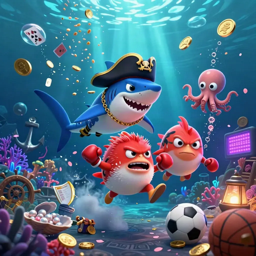 Pirate shark, red pufferfish, and baby octopus amid gold coins and neon underwater treasure.