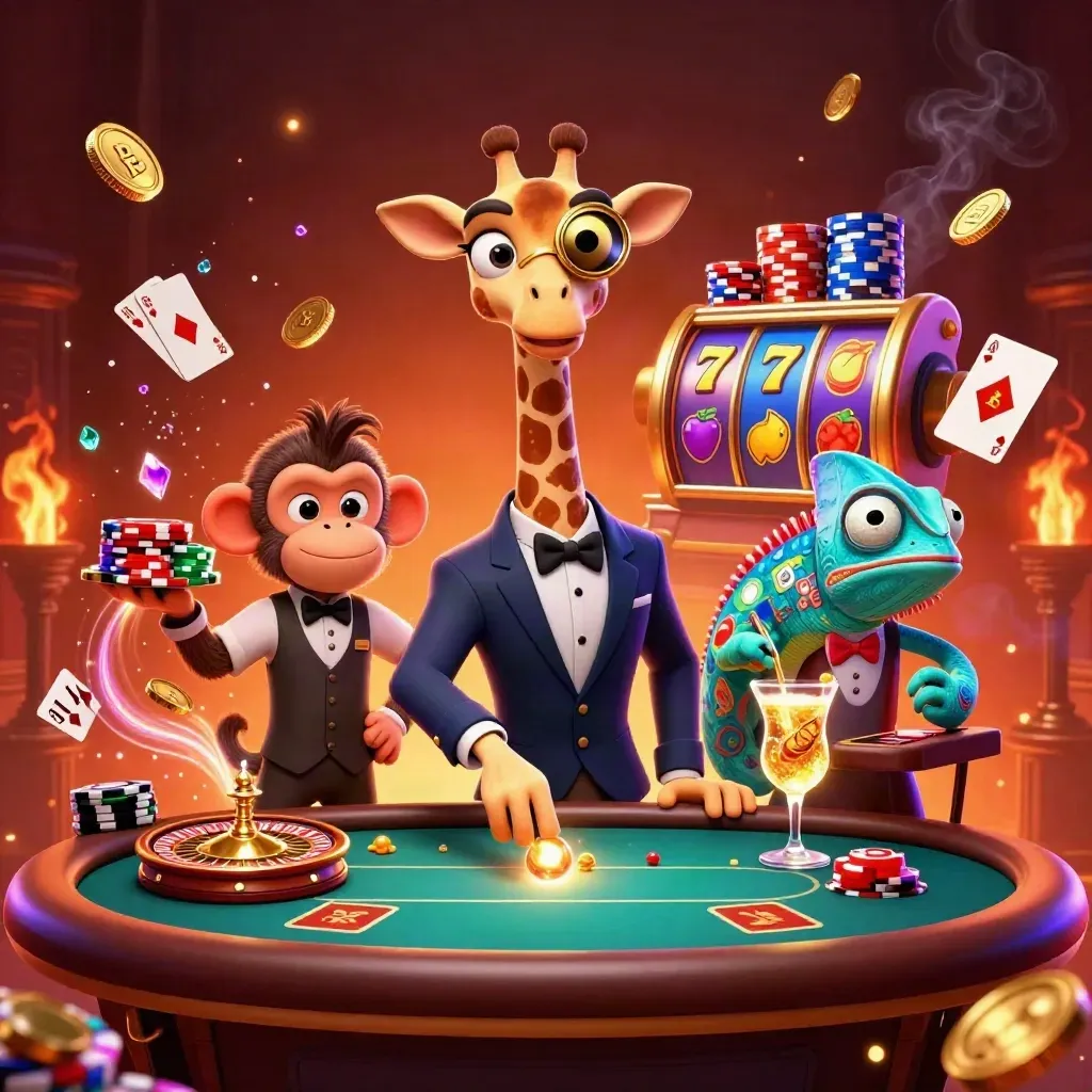 Giraffe, monkey valet and chameleon bartender at a glowing casino table with coins, chips and roulette