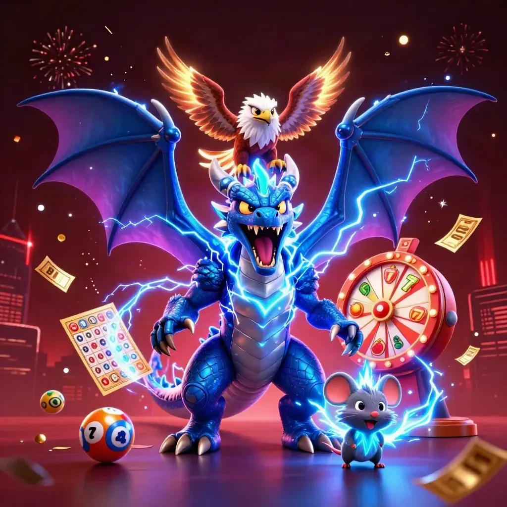 Thunder dragon with hawk and mouse amid casino reels, lottery balls, fireworks, and neon energy