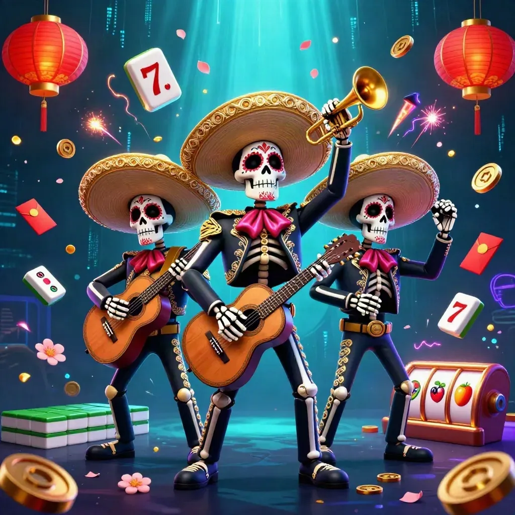 3D skeleton mariachi trio amid mahjong tiles, lanterns, coins, fireworks, and neon energy.