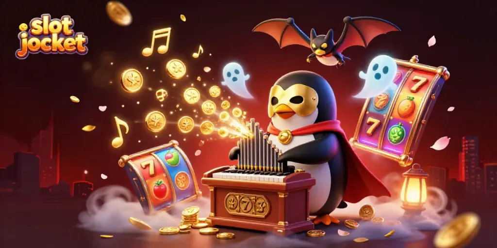 Experience an exciting slot jackpot scene with a penguin organist, golden coins, and vibrant slot machine symbols.