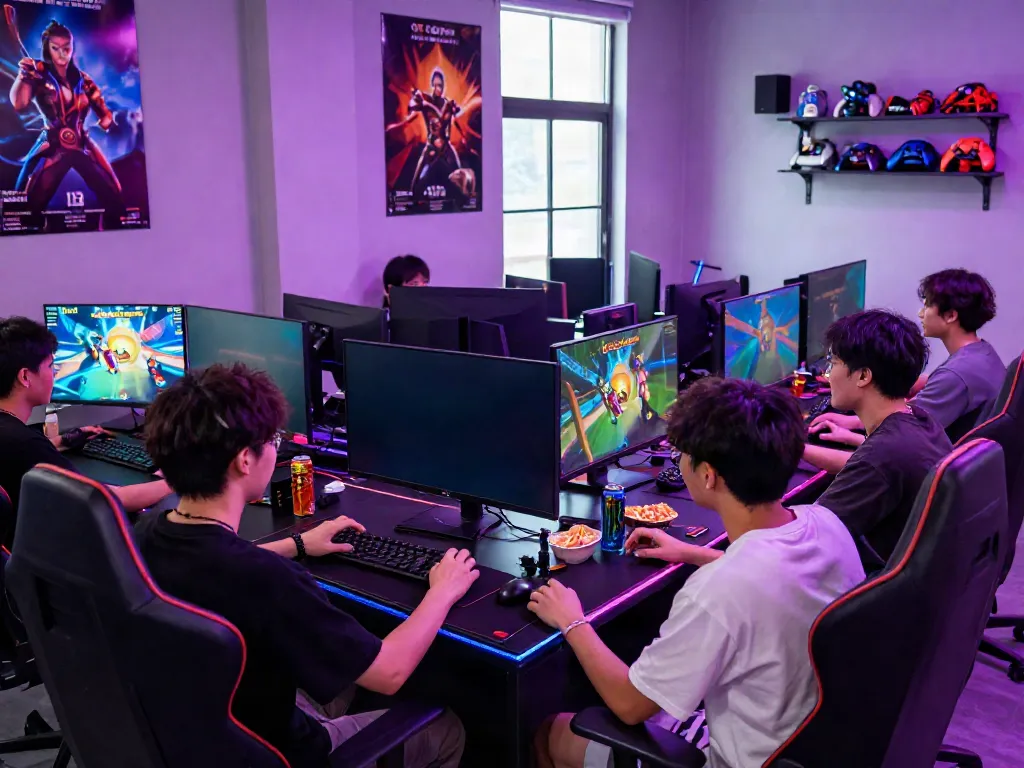 Friends engaging in an exciting QQMacan gaming session in a vibrant room.