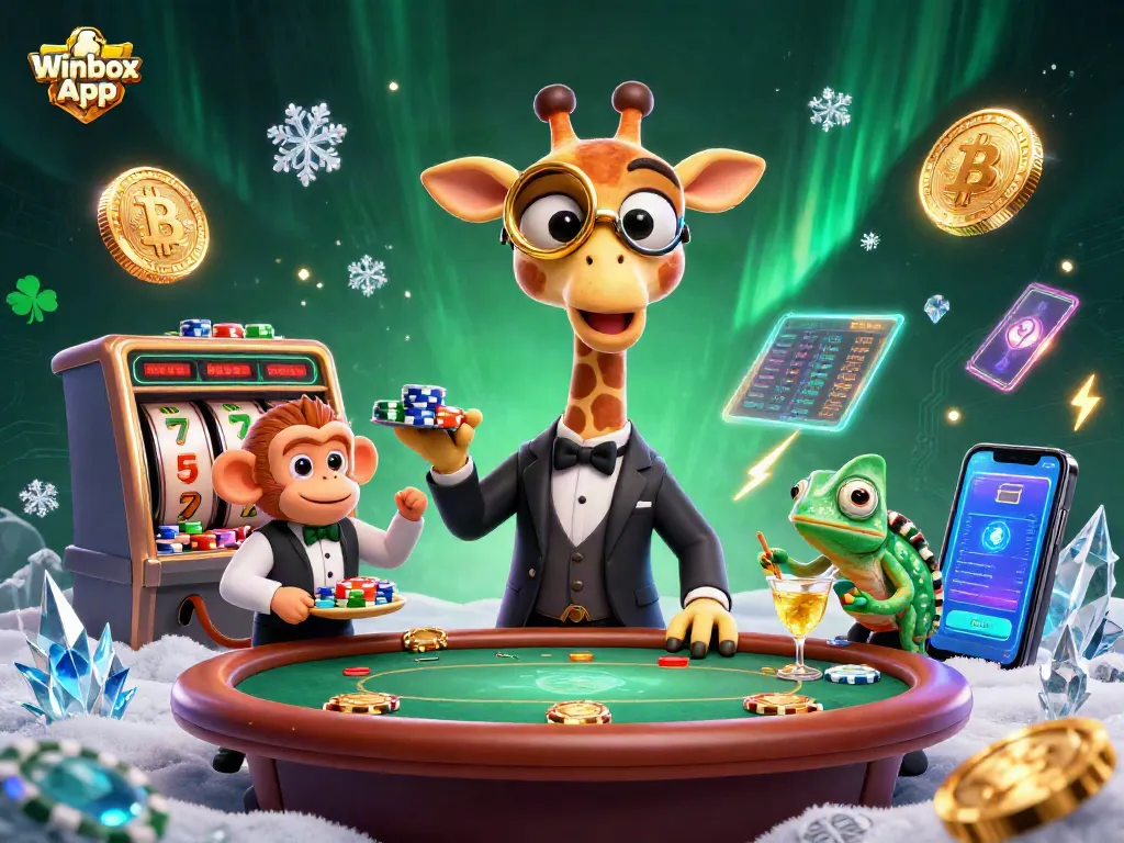 Experience the excitement with the Winbox App at a lively casino table featuring a high-roller giraffe and vibrant gaming elements.
