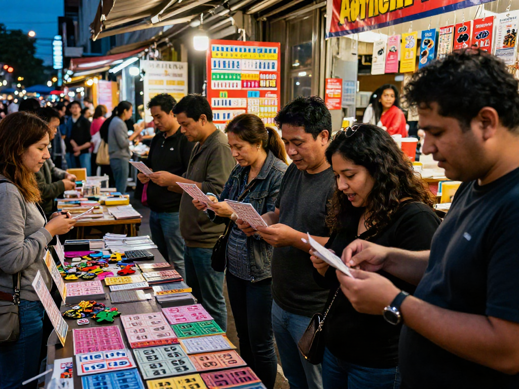 People enthusiastically engaging in harga toto lottery ticket purchases at a lively street market.
