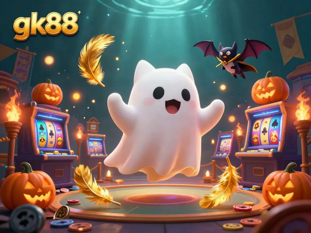 Experience thrilling gameplay at gk88 with a ghost cat amidst vibrant slot machines!