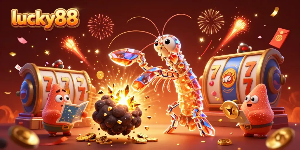 Experience exciting gameplay at lucky88 with a dynamic 3D scene featuring a galactic samurai mantis shrimp and engaging casino elements.