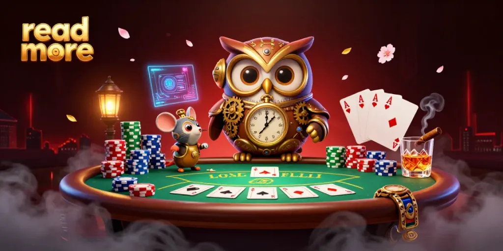 Engaging scene with a time-traveler owl prompting players to read more about casino gaming strategies.