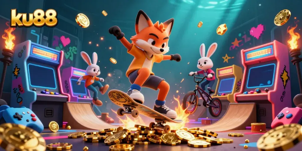 Experience the thrill of ku88 with a vibrant casino-themed scene featuring engaging characters and playful elements.
