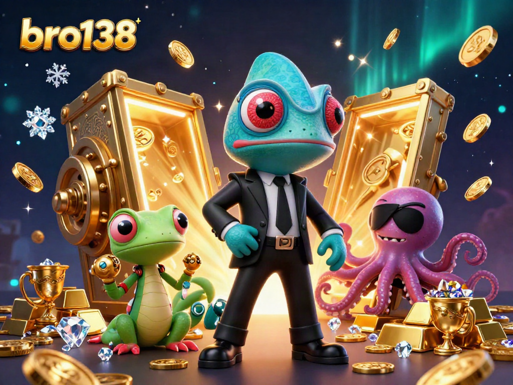 Engage with bro138's thrilling casino adventure featuring dynamic chameleon, gecko, and octopus characters.