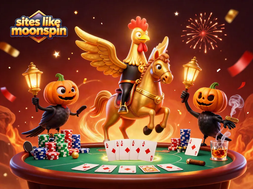 Experience thrill at sites like moonspin, a vibrant casino scene with animated characters and poker games.