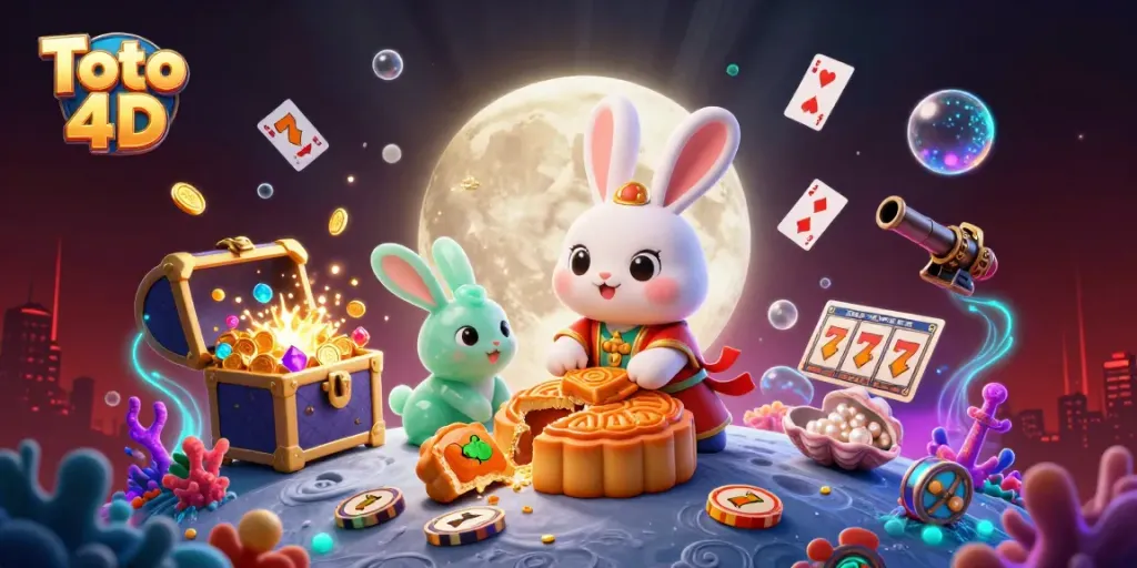 Toto 4D menonjolkan kelinci bulan tradisional Tiongkok yang memukul bulan kue, dikelilingi oleh elemen kasino.