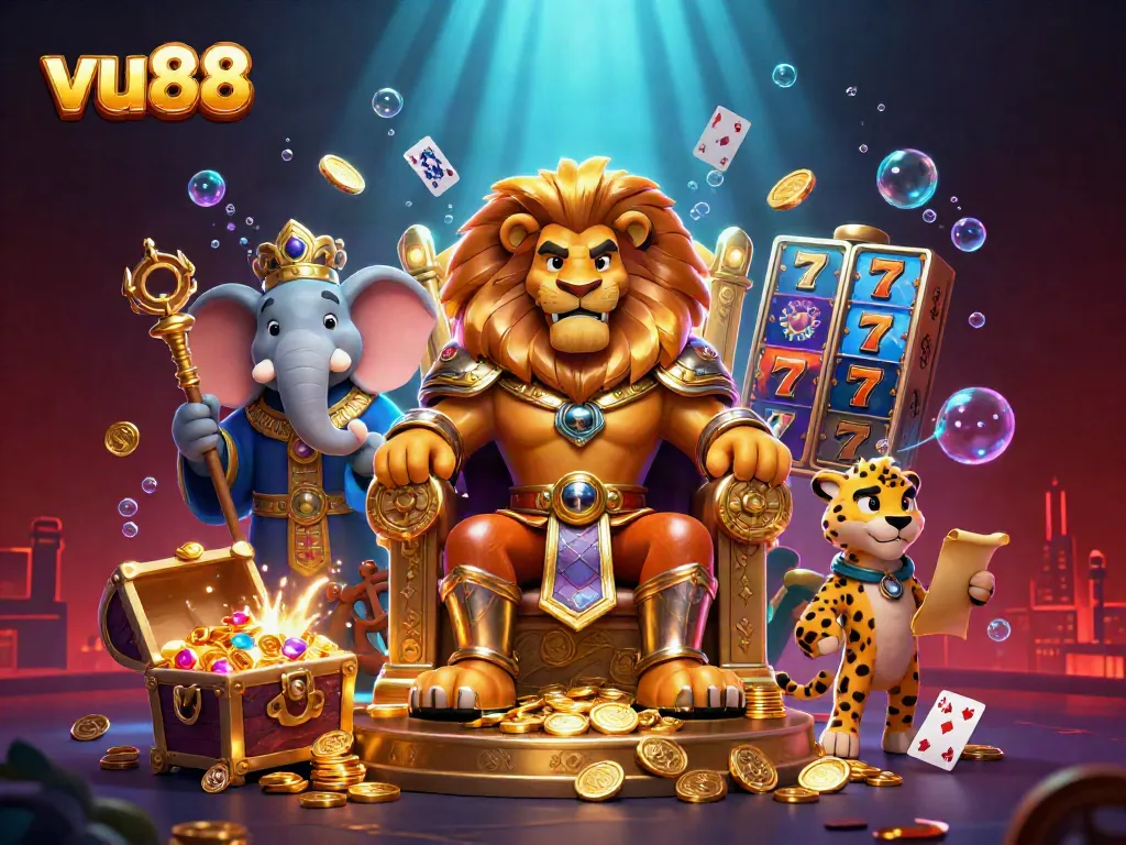 Experience thrilling adventures at vu88 with an exciting lion king on his gold coin throne.