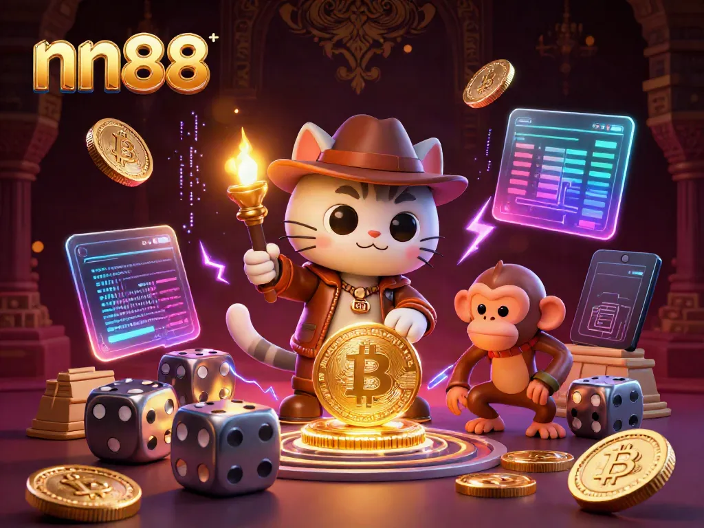 Engage in thrilling adventures at nn88's captivating casino with an explorer kitty and treasures.
