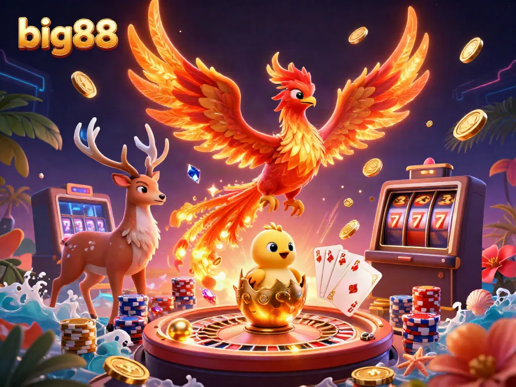 Experience big88's exhilarating gameplay with a fire phoenix soaring amidst vibrant casino elements.