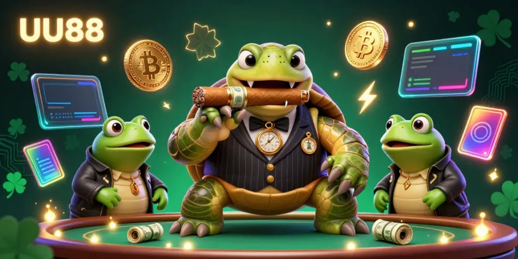 Engage with UU88’s vibrant casino atmosphere featuring a massive snapping turtle and bullfrog enforcers amidst crypto elements.