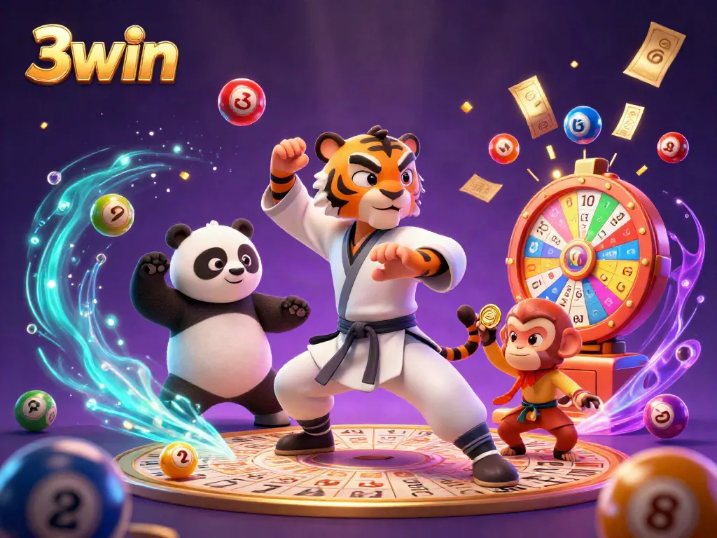 Engage with thrilling 3win gaming insights while a kung fu tiger and panda showcase their skills amidst dynamic casino elements.
